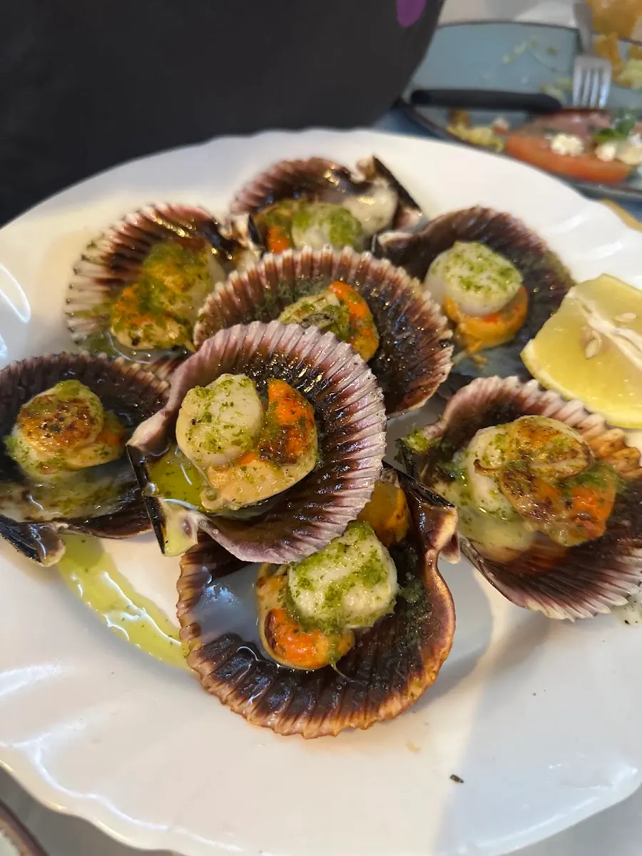 Zamburiñas en su concha con picada verde y un gajo de limón